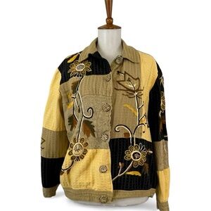 Vintage Patchwork Embroidered Jacket Women’s M Floral Indigo Moon Button Down